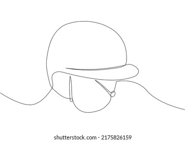 Equestrian helmet one line art. Continuous line drawing of horseback riding, sport, leisure, gallop, horse, rider, bridle, cowboy, activity, athlete, strength, competition, training.