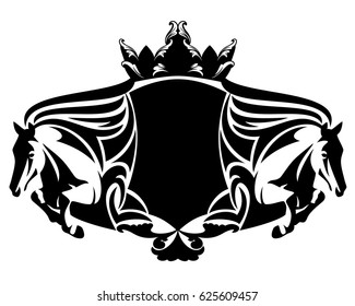 equestrian heraldry with jumping horses and crown - black and white vector design