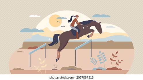 Equestrian horse back riding female, tiny person vector illustration. Competition sports championship. Active lifestyle scene with fit woman training for victory as success and freedom metaphor.