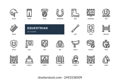 equestrian horse ranch sport competition race detailed outline line icon set