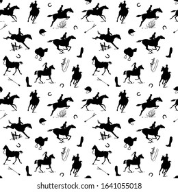 Equestrian horse riding style silhouette seamless pattern. Black on white english fox hunting style. Horseback man and woman galloping on field. Hand drawing vector saddle, bridle, belt silk scarf art