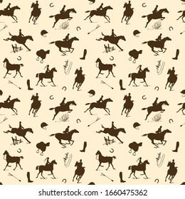 Equestrian horse riding style silhouette seamless pattern. Brown beige english fox hunting style. Horseback man and woman galloping on field. Hand drawing vector saddle, bridle, belt silk scarf art