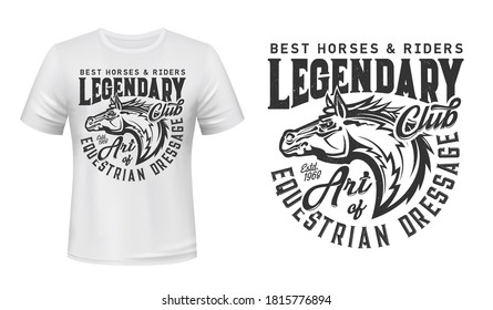 Equestrian, horseback riding club t-shirt vector print. Horse stallion head with mane side view, engraved illustration and retro typography. Horse dressage, riders club clothing custom print template