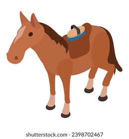 Equestrian icon isometric vector. Standing horse with saddle and grooming brush. Equestrian sport, hobby