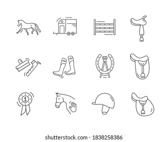 Equestrian icon lined art set. Collection of outlined horse riding icons. Vector illustration on white background. 