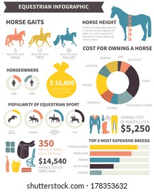 Equestrian infographic with different horse related elements and sample data. Vector file organized in groups for easy editing.  