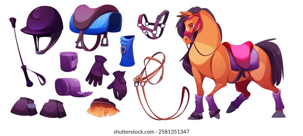 Equestrian items and brown horse - riding gear, helmet and cloth saddle, leather bridle, protection boots and riding gloves, grooming brush. Cartoon horseback sport and training accessories.