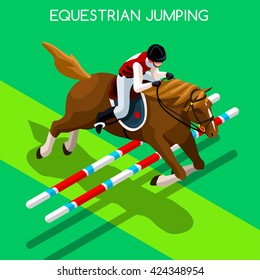 Equestrian Jumping Athletes Sportswoman Games. 3D Isometric Athlete. Sporting Championship People Set Competition. Sport Infographic Equestrian Jumping events Vector Illustration Background