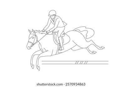 Equestrian jumping over a hurdle, simple black and white line art illustration showing horse and rider in motion