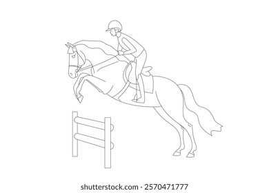 Equestrian jumping over an obstacle with a horse in a minimalist black and white line art style 