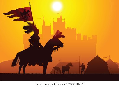 Equestrian knight with the castle on the background