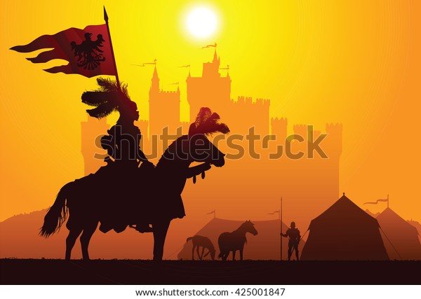 Equestrian\
knight with the castle on the\
background