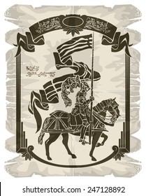 Equestrian Knight with the flag in the frame, vector