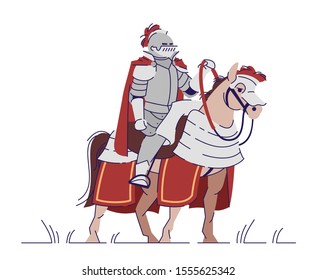 Equestrian knight flat vector illustration. Medieval crusader on horse isolated cartoon character with outline elements on white background. Historical personage. Fairytale hero, cavalry soldier