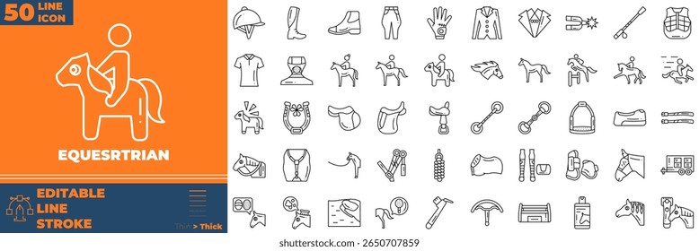 Linha equestre conjunto de ícones editáveis. Ilustração vetorial no estilo moderno de linha fina de ícones equestres: cavalo, equitação, estável, etc