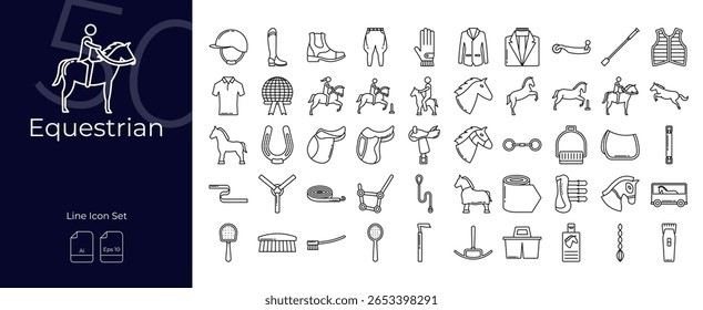 Linha equestre conjunto de ícones editáveis. Ilustração vetorial no estilo de linha fina moderna de ícones equestres: equestre, cavalo, equitação, etc