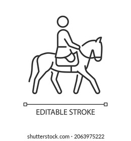 Equestrian linear icon. Horseback riding. Horse racing contest. Athlete with physical disability. Thin line customizable illustration. Contour symbol. Vector isolated outline drawing. Editable stroke