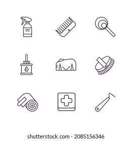 Equestrian outline icons, online shop design, care product and rooming tools