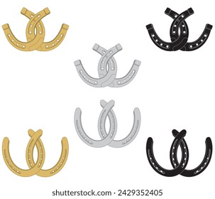 equestrian, pairs of horseshoes in two styles and in three different colours, intertwined and isolated on a white background