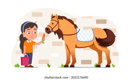 Equestrian person feeding horse carrot. Horsewoman rider girl kid cartoon character taking care of domestic animal at farm ranch. Woman giving food to stallion. Equestrianism flat vector illustration