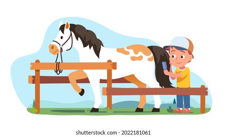 Equestrian person grooming horse, combing tail hair. Horseman rider boy kid cartoon character taking care of domestic animal pet at farm ranch. Equestrianism fun. Flat man vector illustration