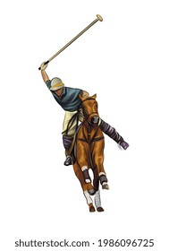 Polo ecuestre con jockey de acuarelas, dibujo colorido, realista, equitación. Ilustración vectorial de pinturas