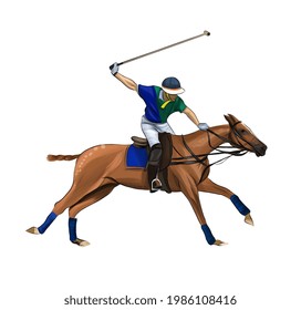 Polo ecuestre con jockey de acuarelas, dibujo colorido, realista, equitación. Ilustración vectorial de pinturas