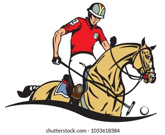 Equestrian polo player and pony horse . Horseman sitting on a horseback and holding a long handled wooden mallet sick to hit a ball . Equine sport emblem badge . Vector illustration