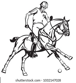 equestrian polo sport . Player riding a pony horse and holding a mallet stick to hit a ball .The  horse in gallop .Black and white vector illustration