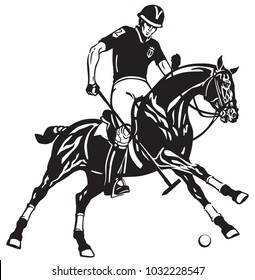 equestrian polo sport . Player riding a pony horse and holding a mallet stick to hit a ball .The  horse in gallop .Black and white vector illustration