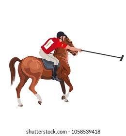 Equestrian polo sport . Player riding a horse and holding a mallet. Vector illustration isolated on white background