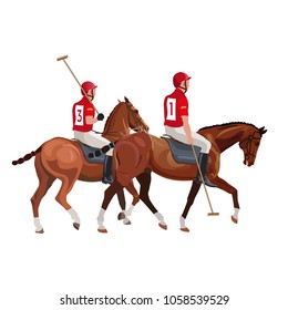 Equestrian polo sport . Two players riding a horses. Vector illustration isolated on white background