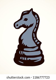 Equestrian rank on check board backdrop. Dark outline ink hand drawn chessmen winner pony element toy logo emblem sketchy in retro art doodle engraved style pen on paper space for text. Closeup view
