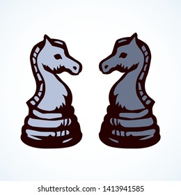 Equestrian rank on check board backdrop. Dark outline ink hand drawn chessmen winner pony element toy logo emblem sketchy in retro art doodle engraved style pen on paper space for text. Closeup view