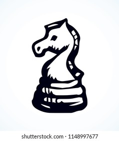 Equestrian rank toy on check board backdrop. Dark outline ink hand drawn chessmen winner pony element logo emblem sketchy in retro art doodle engraved style pen on paper space for text. Closeup view