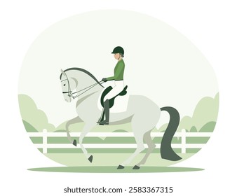 Equestrian rider in a green outfit practicing dressage on a white horse in an outdoor arena