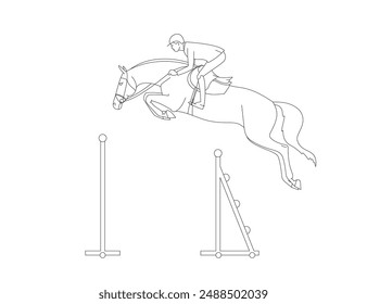 Equestrian rider jumping over hurdle with horse in minimalistic line art style