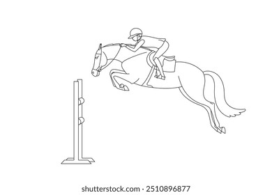 Cavaleiro equestre pulando sobre um obstáculo com um cavalo em um estilo de desenho de linha simplificado