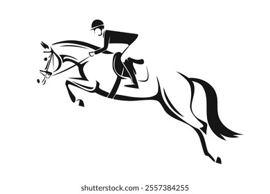 Equestrian rider jumping over an obstacle on a horse, depicted in a minimalist black and white silhouette style