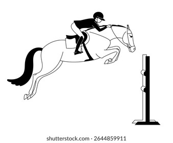 Equestrian rider jumping over obstacle with horse in black and white illustration