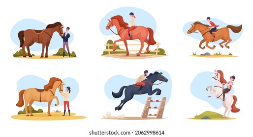 Equestrian riders. Brown black and white domestic horses with riders exact vector cartoon illustration isolated