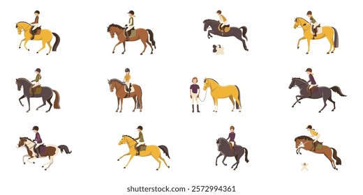 Equestrian riders with ponies, performing activities such as jumping, riding, and walking, illustrated in a flat style on a white background