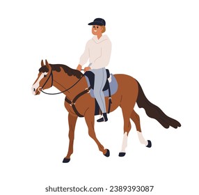 Equestrian riding horse. Happy horseback rider. Equine stroll, walk, horseriding hobby. Horseman on stallion, holding bridle, sitting on saddle. Flat vector illustration isolated on white background