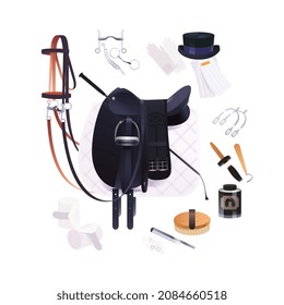 Equestrian scene, dressage riding set, vector illustration of horse grooming tools and riding accessories