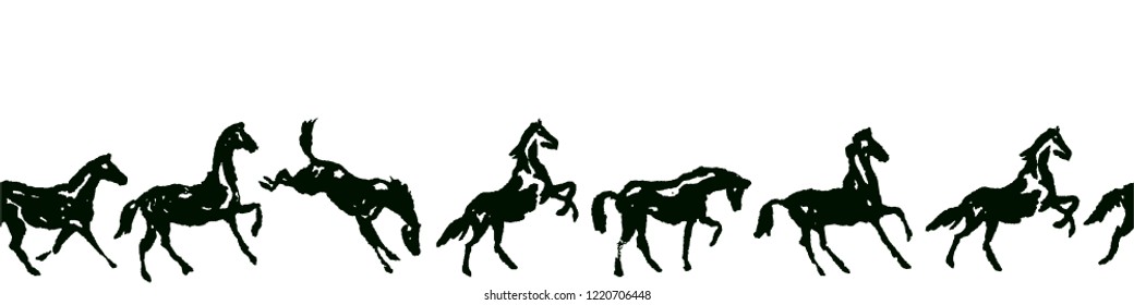 Equestrian seamless border with horse silhouette in various poses and motion. Vector pattern background or frame with hand drawing galloping black horses on white.