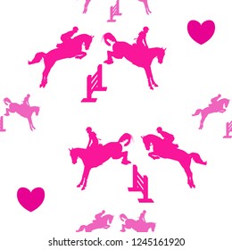 Equestrian seamless pattern in plastic pink color - riders on horseback, jumping through simple obstacles and randomly placed hearts. Horse theme. For fabric prints, wrapping paper, backdrops.