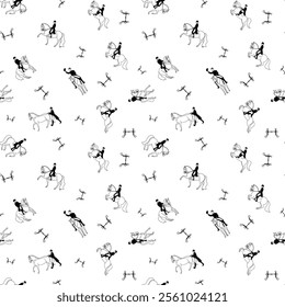 Equestrian seamless pattern with riders performing dressage moves and horse bits on a white background  