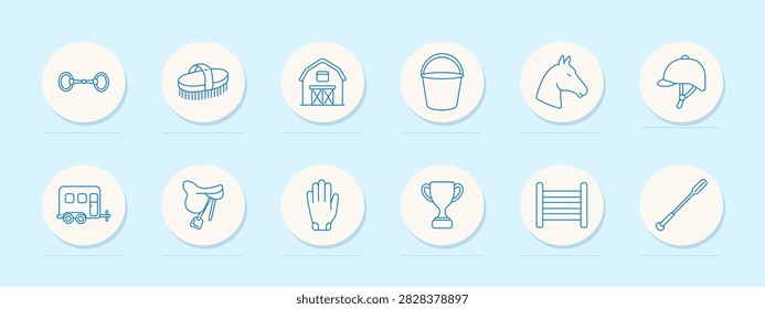 Equestrian set icon. Bit, grooming kit, barn structure, water bucket, stallion profile, protective helmet, caravan, saddle, riding glove, victory cup, arena barrier, crop tool, horsemanship, tournament