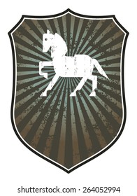 equestrian shield with horse, and copy space, and grunge style