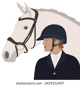 equestrian show jumping, horse and female rider wearing a helmet isolated on a white background